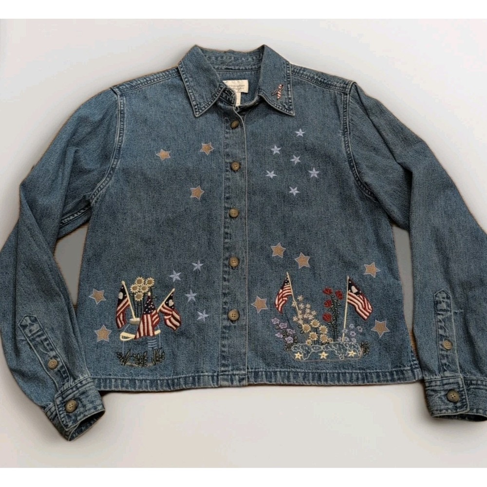 Christopher & Banks Cotton Denim Shirt Embroidered 4th‎ of July Flags Stars Sz S